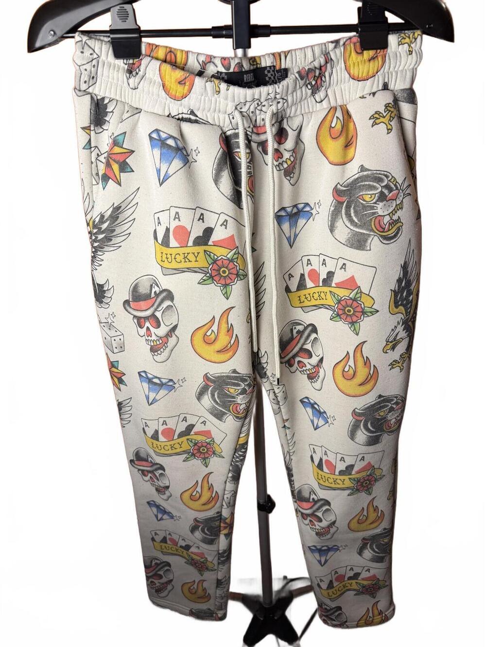 Rebel Vengeance Tattoo Print Casual Jogger Pants ALL OVER sz L Large